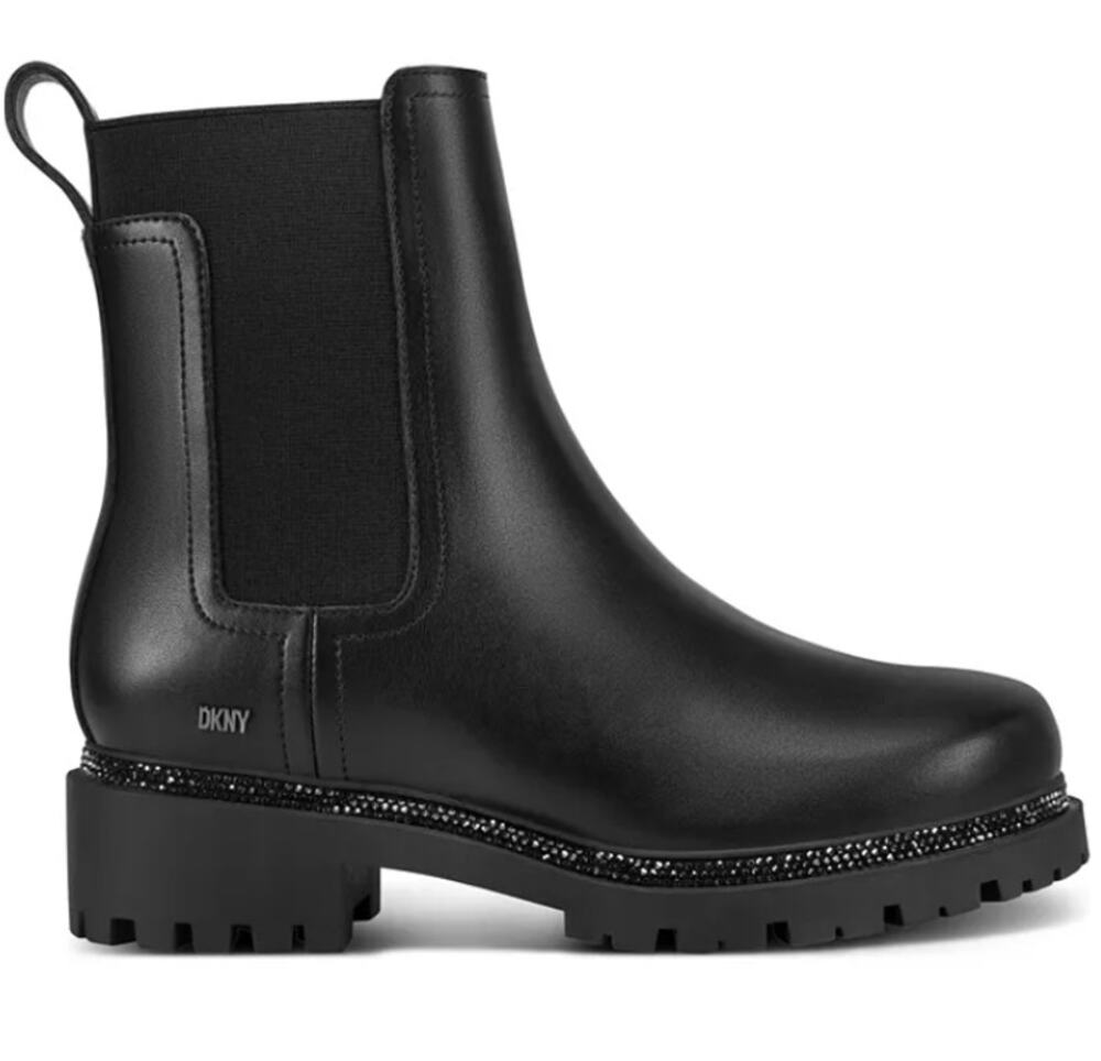 DKNY Boots Womens 7.5 Black Rick Slip On Chelsea Ankle Lug Sole Rhinestone
